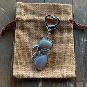 Grey Agate Bag Charm Kitty Cat Charm Crystal Taurus Birthstone